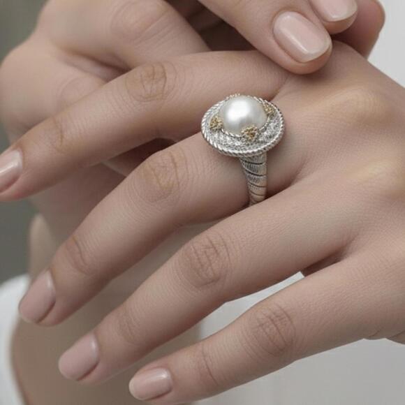 Judith Ripka Freshwater Pearl Citrine Ring 925 Sterling Silver Cable Band Size 8 - Picture 8 of 11